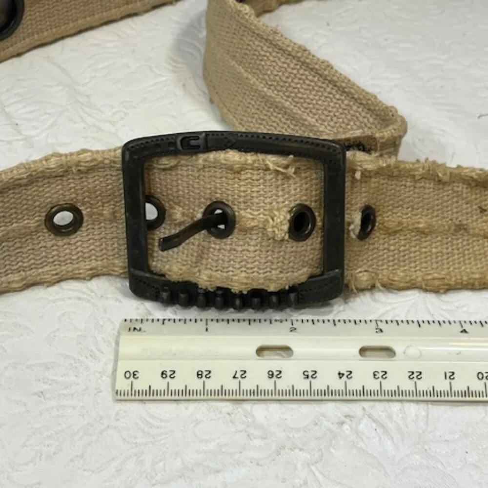 Beige Distressed Canvas Faux Leather Accents Metal Grommet Holes Belt 37